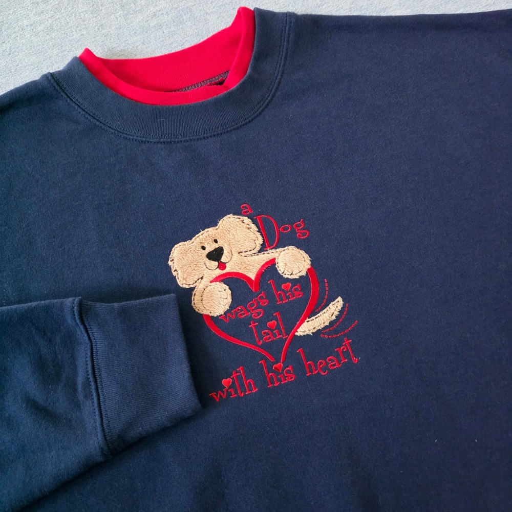 M&C Sportswear Mens XL Navy Blue Embroidered Dog Heart Sweatshirt Puppy